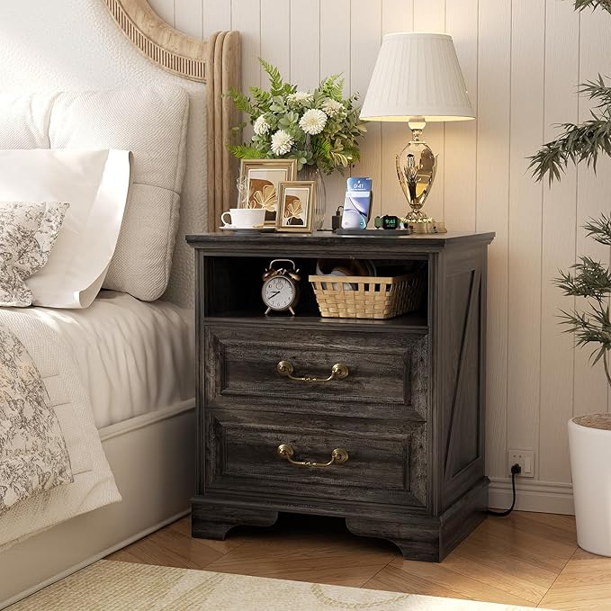 Unikito Farmhouse Nightstand with Charging Station, Bedside Table with 2 Large Drawers & Vintage Handles, Side Table with Open Storage for Bedroom Living Room Sofa Couch Office (Gray Oak)