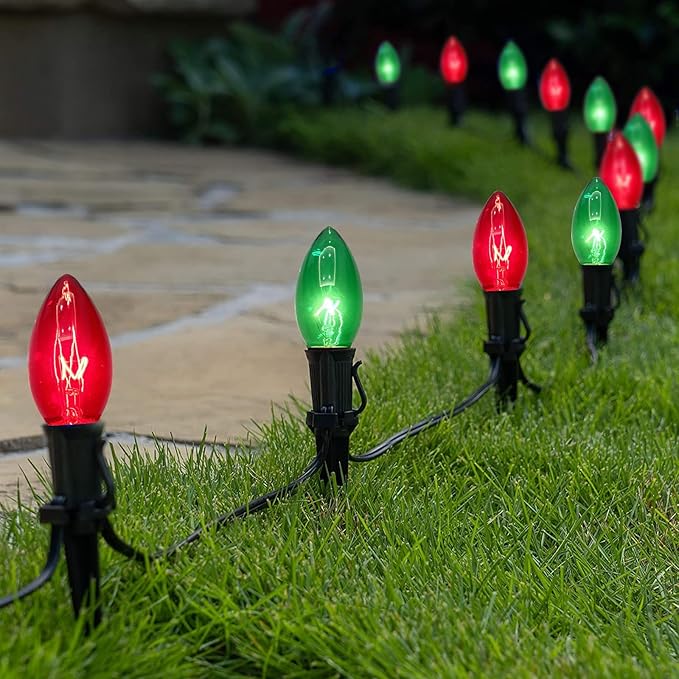 C9 Vintage Christmas String Lights, 25Ft Red & Green with 26 C9 Bulbs, Outdoor Hanging Patio Lights for Christmas Tree, Path, Roofline, Wedding Party Decoration