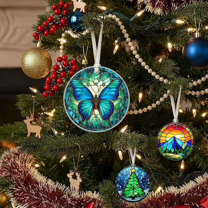 Christmas Ornaments 2025, Stained Glass Christmas Tree Decorations, Exchange for Women, Men, Collectible Dated Year Ornaments for Tree - Glass Hanging Ornamen（Butterfly）