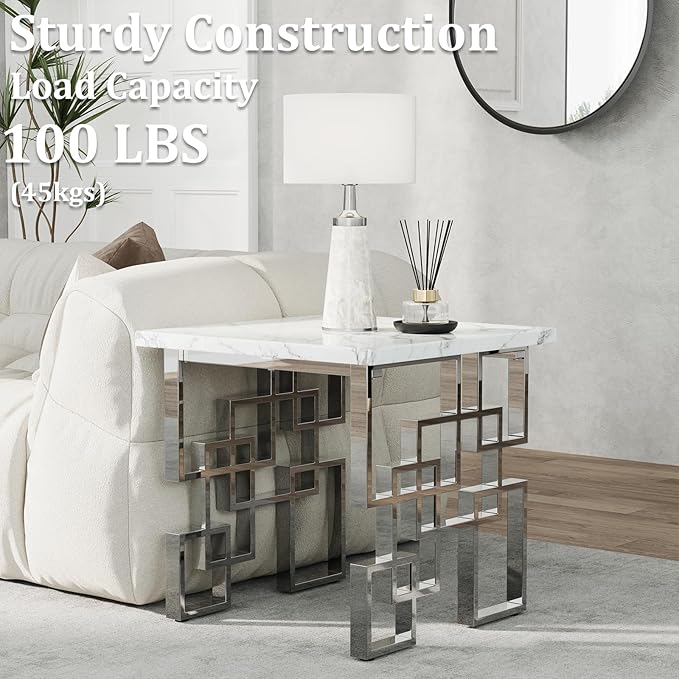 AUZ End Table, White and Silver Side Table, Square Living Room Corner Table with Polished Stainless Steel Geometric Base, Set of 4
