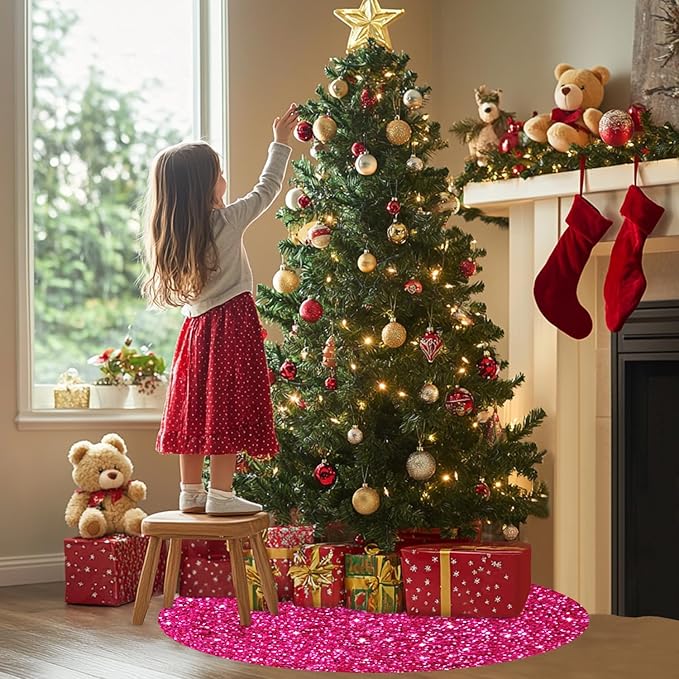 Hot Pink Christmas Tree Skirt 46 inch Sequin Velvet Tree Skirts Large Christmas Tree Skirt Fuchsia Round Tree Skirts for Artificial Trees Sparkle Christmas Tree Base Cover Holiday Party Decor