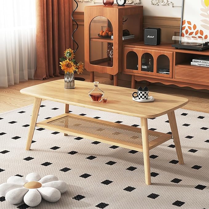 Coffee Table Small Solid Wood Center Table Mid Century Vintage Living Room Coffee Table, Original Rattan 47.24 Inch