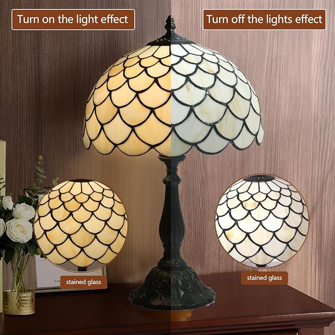 Tiffany Table Lamp Stained Glass Bedside Lamp 12 Inches Desk Reading Light Zinc Alloy Base Decor Bedroom Living Room Home Office, Yellow