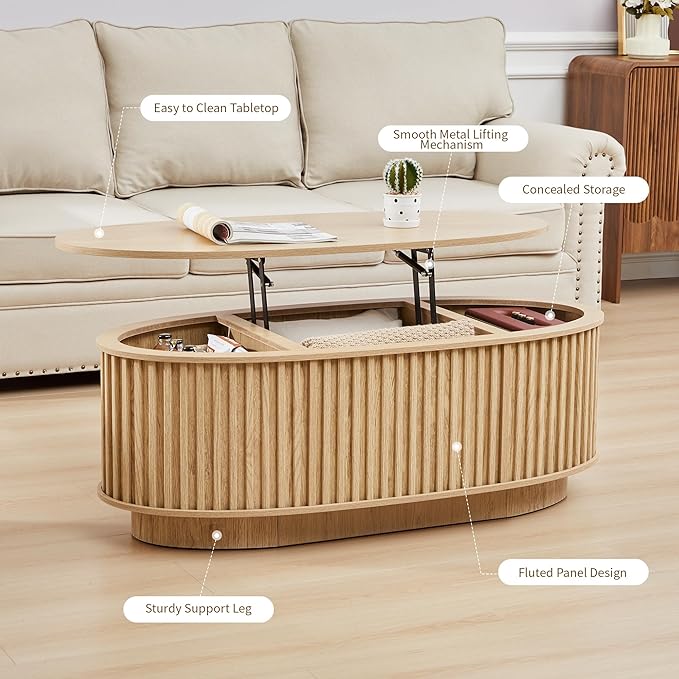 43.3'' Fluted Coffee Table with Hidden Storage Compartment, Mid Century Modern Oval Lift Top Coffee Table, Wooden Center Table Converts to Dining Tables for Living Room, Apartment (Natural)