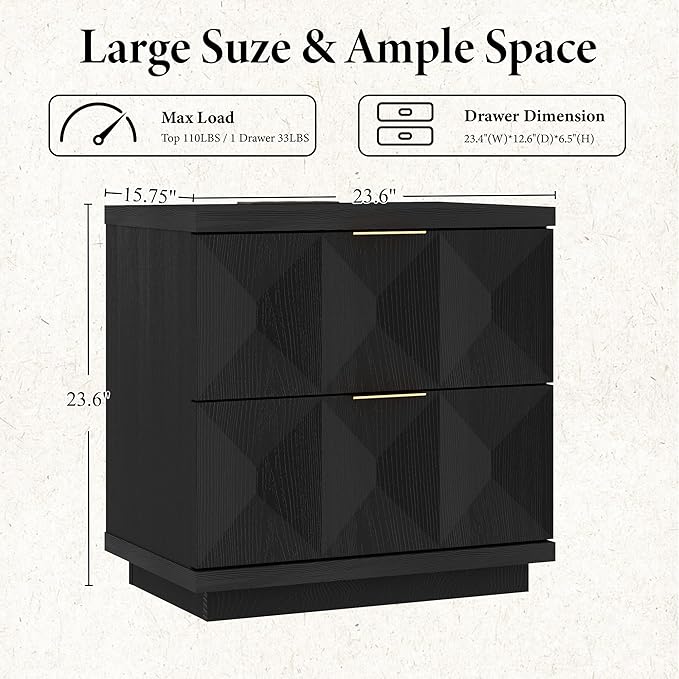 Brafab Black Nightstand Set of 2 with 20W Fast Charging Station, 23.6'' Bedside Table with Geometric Drawers Storage & Gold Handle, Large Modren Wooden Night Stand for Bedroom, End Table for Sofa Side