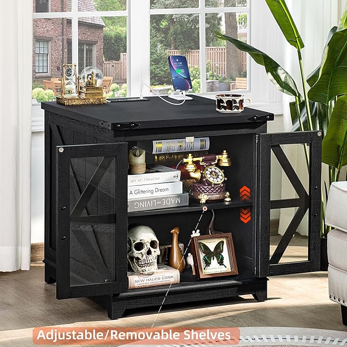 Farmhouse End Table, 24" Large Sofa Side Table with Charging Station Glass Barn Door, Wood Nightstand with Adjustable Storage Shelf, Square Bedside Table for Living Room, Bedroom