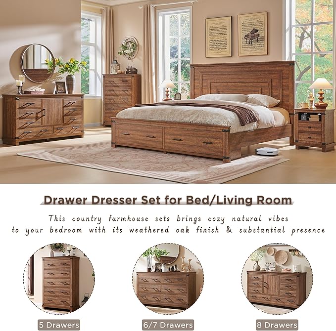 Farmhouse Nightstand Set of 2 with Charging Station, 18" Rustic Night Stand with 2 Storage Drawers, Wood End Table for Bedroom, Living Room, Reclaimed Barnwood