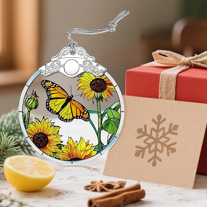 Butterfly & Sunflower Stained Glass Ornament, Christmas Ornaments, Christmas Tree Decorations, Holiday Decor, Holiday Present, Butterfly Themed Gifts, Gift Ideas & Xmas Gifts
