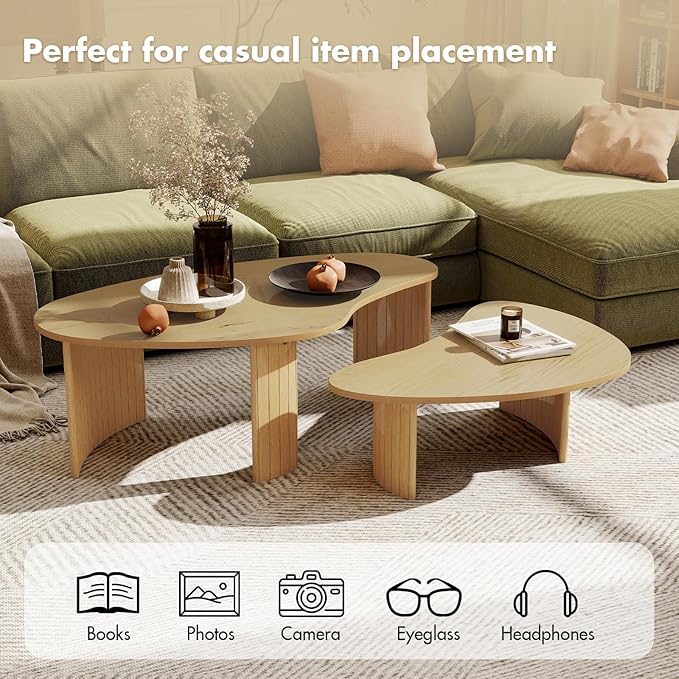 Nesting Coffee Tables Set of 2, Cloud Coffee Tables with Fluted Legs, Ash Veener End Table for Living Room, Natural