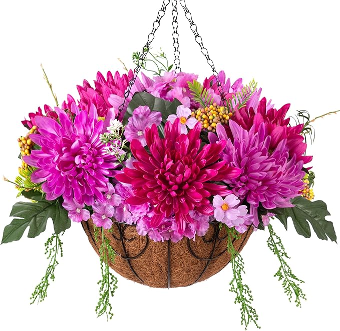 HyeFlora Artificial Fall Mums Flowers Baskets for Outside Decoration, Fake Hanging Silk Fuchsia Flower, Faux Chrysanthemum Summer UV Resistant Realistic for Porch Yard Autumn Decor