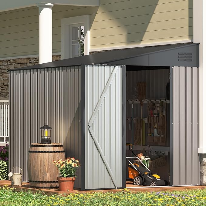AECOJOY 6' x 8' Lean to Storage Shed, 8x6 Outdoor Storage Cabinet Shed Metal Wall Side Storage Sheds & Outdoor Storage, Garden Storage Cabinet for Backayrd, Patio, Outdoor Use in Grey