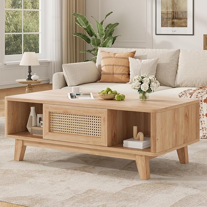 Soohow Coffee Table, Mid Century Living Room Tables with Storage, Modern Square with Rattan Drawer, Wooden Living Room Table with Solid Wood Leg