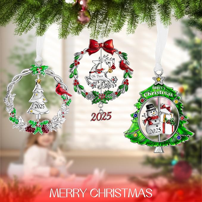 Christmas Tree Ornament Metal Silver Hanging Rotatable Design Charm Holiday Decorative Pendant Gift Keepsake (2025, 3 Piece Set)