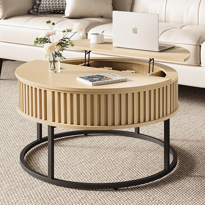 Round Coffee Table with Lift Top - Fluted Wood Center Coffee Tables for Living Room, Lifting Up for Dining, Large Hidden Circle Storage Compartment for Small Spaces, Mid Century Modern