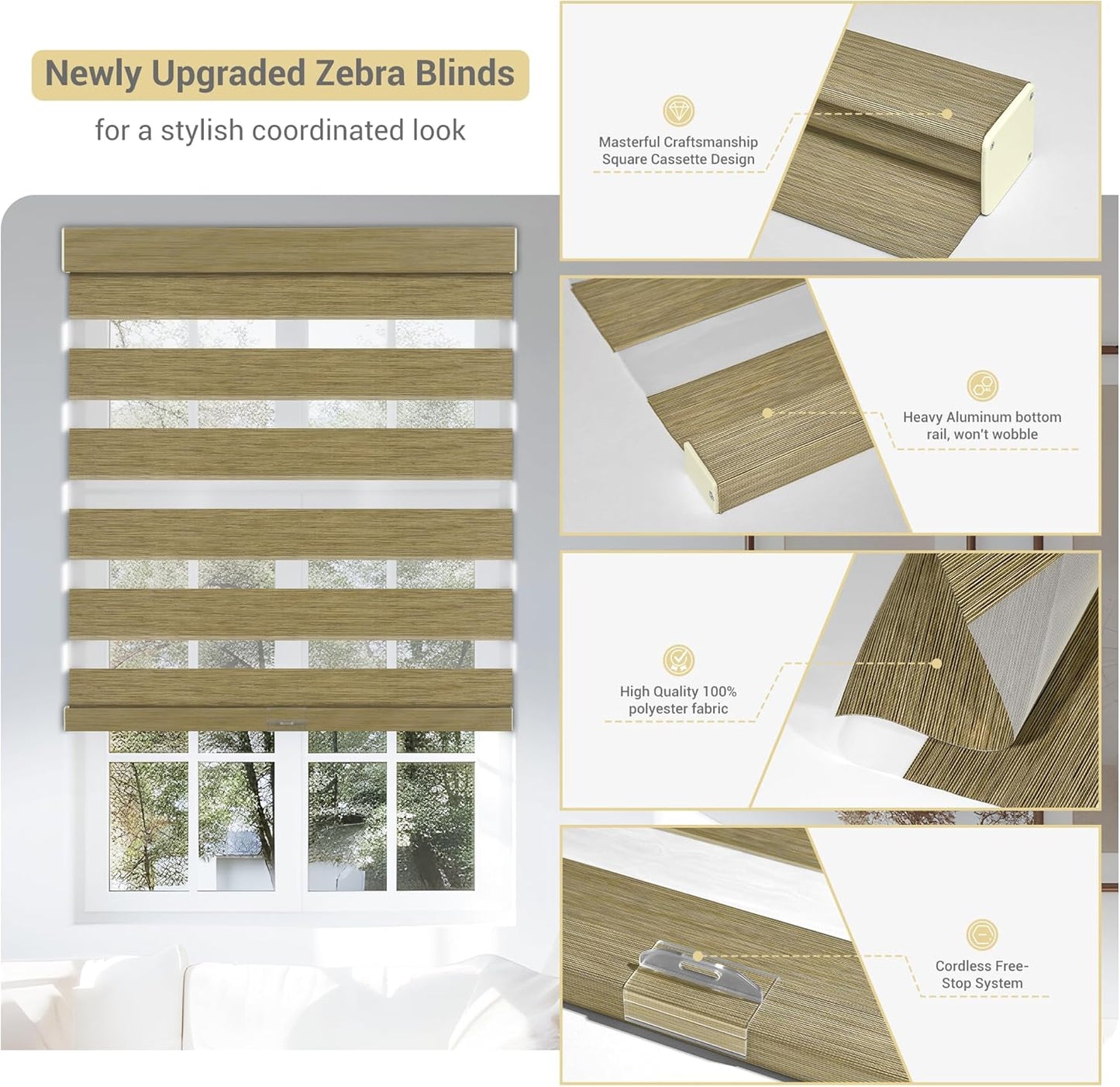 Cordless Zebra Blinds for Windows, Blackout Interior Blinds,Easy to Install,UV Protection,for Offices and Home,Custom Roller Shades, Mousse Light Bown,19" W x 88" H