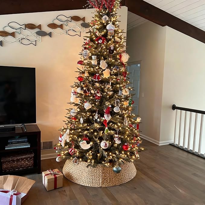 28" Wicker Christmas Tree Collar for Artificial Trees, Rustic 7.5ft Tree Basket Skirt, Farmhouse Base Cover for Pencil, Slim Christmas Tree Collars, Handwoven from Seagrass