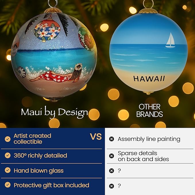 Hawaiian Ornament Christmas Under Palm Trees: Collectible Hand-Painted Glass Keepsake with Gift Box