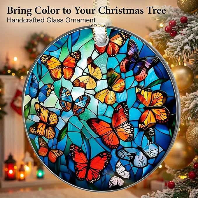 Butterfly Christmas Ornaments 2025, Stained Glass Christmas Tree Decorations, Exchange for Women, Men, Collectible Dated Year Ornaments for Tree - Glass Hanging Ornament