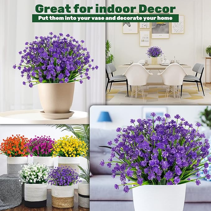 Lnoicy 20pcs Artificial Flowers for Outdoor,Plastic Flowers Decoration, UV Resistant Faux Flowers Shrubs, Artificial Plants for Indoor Outside Garden Home Wedding Farmhouse（Purple）