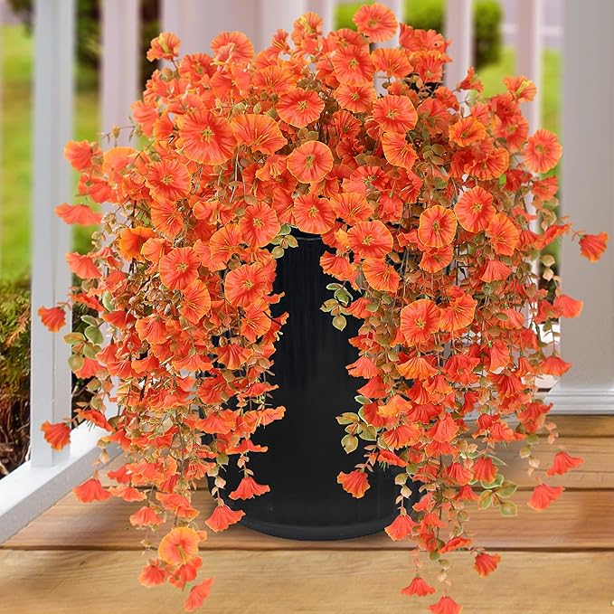 Artificial Fake Hanging Flowers Plants for Outdoor Outside Spring Summer Decoration 2PCS Faux Silk UV Resistant Realistic Morning Glory with Eucalyptus for Home Porch Patio Balcony(Fall Orange)
