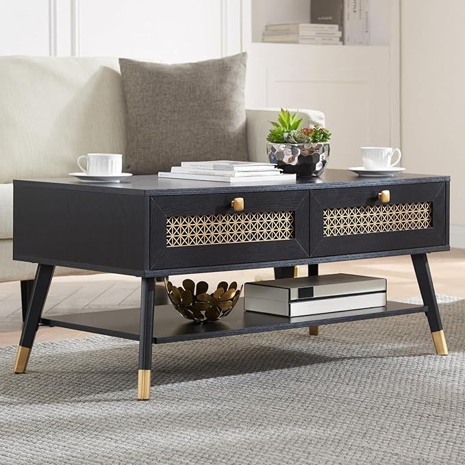 Mid Century Modern Black Coffee Table with Storage Drawers & Open Shelf, Solid Wooden Boho Rectangle Table with Metal Legs Designed for Living Room, Office, Lounge. Black Color with Golden Decor