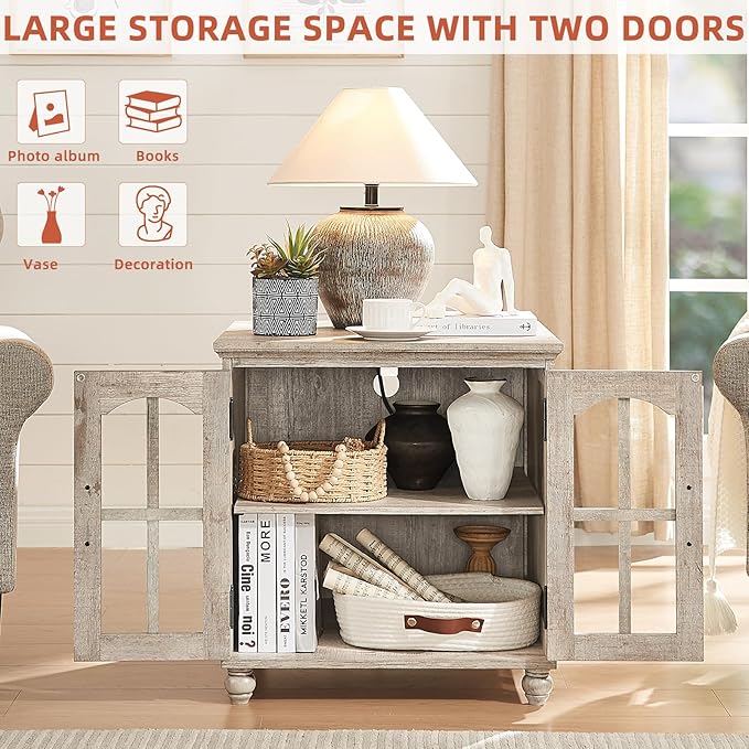 Farmhouse 24" End Table Set of 2 with Charging Station, Large Sofa Side Table with Glass Barn Door,Wood Night Stand with Adjustable Storage Shelf,Square Bedside Table for Living Room,Bedroom