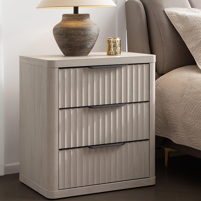 SICOTAS Night Stand Nightstand with 3 Drawers Storage Bedside Table Large Fluted Bed Side End Table Modern 25.6" Tall Wide Night Stands for Bedroom Living Room Sofa Couch Home Office, White Alder