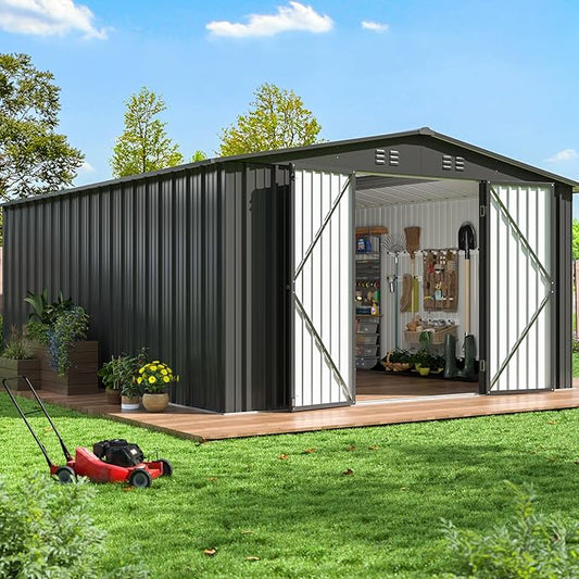 14X12 FT Outdoor Storage Shed, Metal Garden Tool Shed with Updated Frame Structure and Lockable Doors, Ideal for Backyard Garden Patio Lawn
