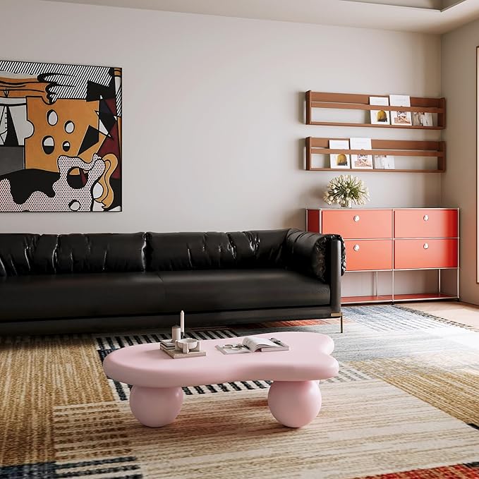 40” Cloud Coffee Table with 3 Ball Legs, Modern Lrregular Center Table for Living Room, Low Cute Small MDF Tea Table for Bedroom, Space Apartment-Pink