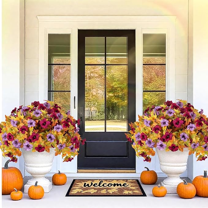 4PCS Artificial Fall Fake Flowers Plants for Outdoor Decoration No Fade Faux Petunias UV Resistant Realistic Autumn Silk Flowers for Home Garden Balcony Yard Porch Deco (Burgundy Purple)