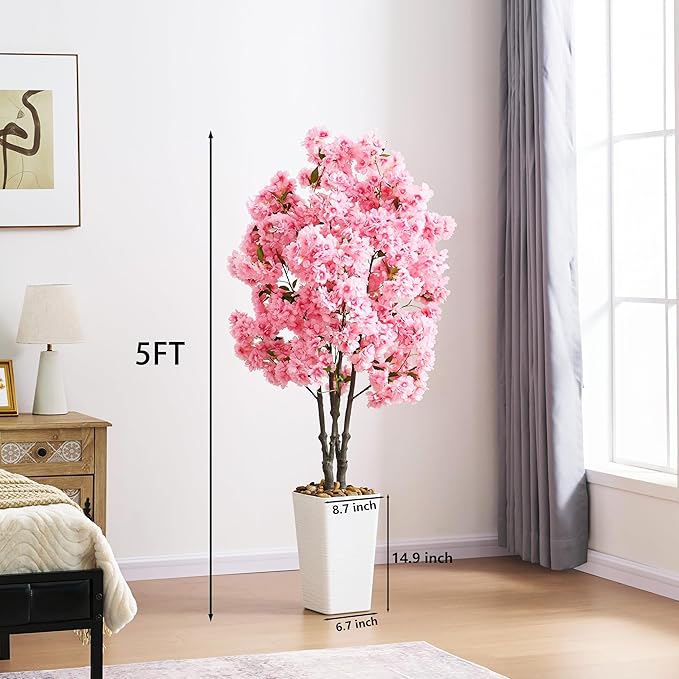 Artificial Cherry Blossom Tree 5FT Tall Pink Fake Sakura Flowers Tree, Fake Plants Indoor Decor for Spring Living Room Home House Entryway Bedroom Office Inside Wedding Party Valentine's Day