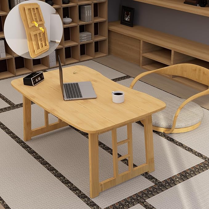Japanese Folding Coffee Table,Bamboo Foldable Floor Low Table, Meditation Tea Table for Sitting On The Floor Suitable for Tatami Living Room Bay Window, No Assembly Required (Wood Color)