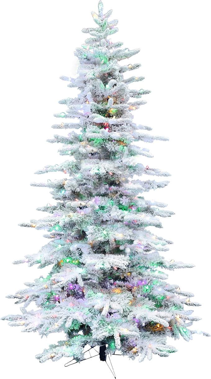 Fraser Hill Farm 9-Ft. Pine Valley Flocked Artificial Christmas Tree with Dual Multicolor & Warm White LED Lights, Prelit Foldable Fake Tree with Realistic Snowy Foliage for Home Decoration