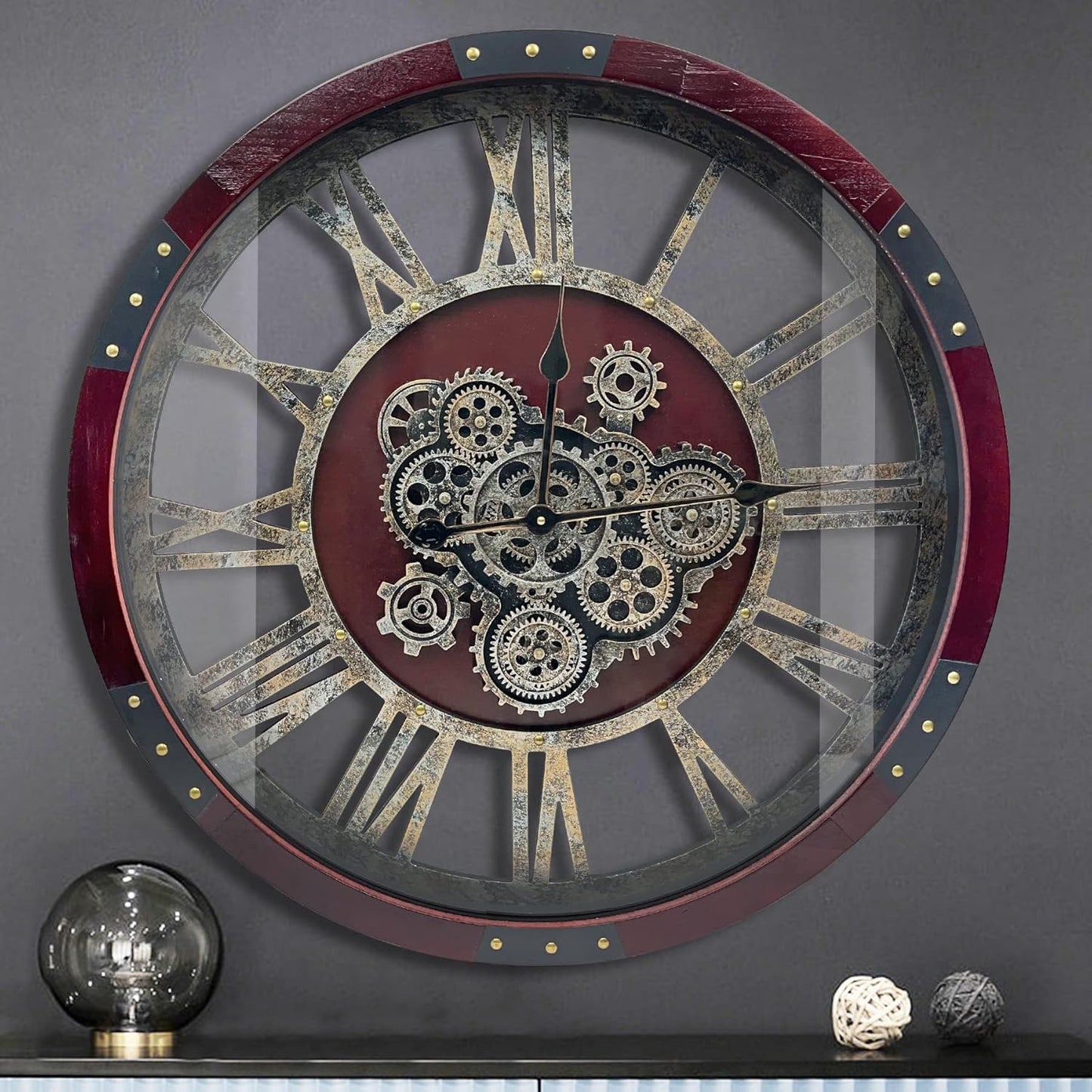 DORBOKER 30" Original Moving Gears Wall Clock, Large Industrial Wall Clock for Living Room Decor, Retro Wood Vintage Farmhouse Steampunk Rustic Clocks for Wall Decor,Cherry Red