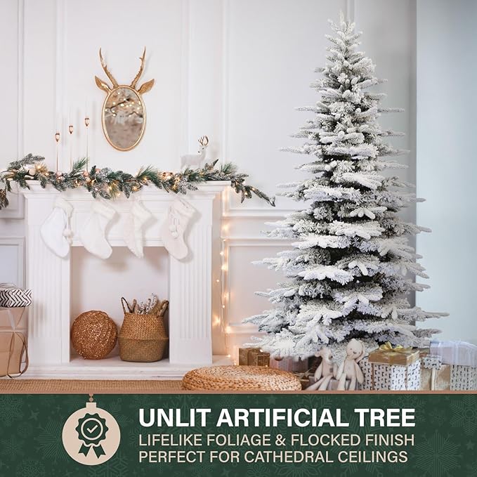 Fraser Hill Farm 9-Ft. Pine Valley Flocked Christmas Tree, Snowy Xmas Tree with DIY Potential with No Attached Lights, Artificial Christmas Tree with Metal Base, Easy to Set up