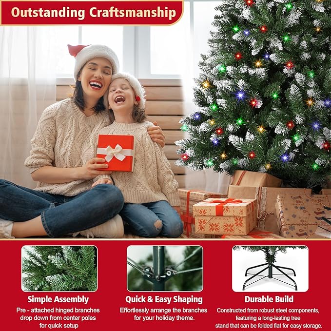 6 FT Prelit Artificial Christmas Tree with 250 Dual-Color LED Lights, 11 Modes Timer, 800 Snowy Tips - Easy Assembly Xmas Tree for Indoor/Outdoor Home Christmas Decorations