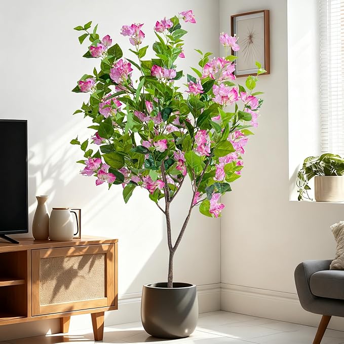 4FT Artificial Bougainvillea Tree Artificial Tree Tall Potted Fake Bougainvillea Trees for Outdoor Indoor Lifelike Potted Faux Plants with Wood Trunk and Flowers Office Wedding Home Decor