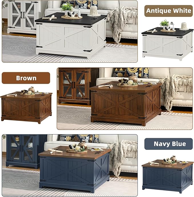 Farmhouse Coffee Table with Hidden Storage Organizer, Modern Square Large Center Table, Wood Farm House Low Navy Blue Living Room Tables with Hinged Lift Top for Home, Office