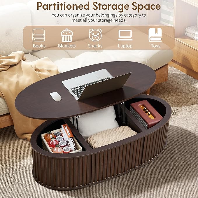 Oval Lift Top Coffee Table, 43.3'' Fluted Coffee Table with Hidden Storage Compartment, Mid Century Modern Dining Table Wooden Center Table for Living Room, Office, Small Spaces (Dark Brown)