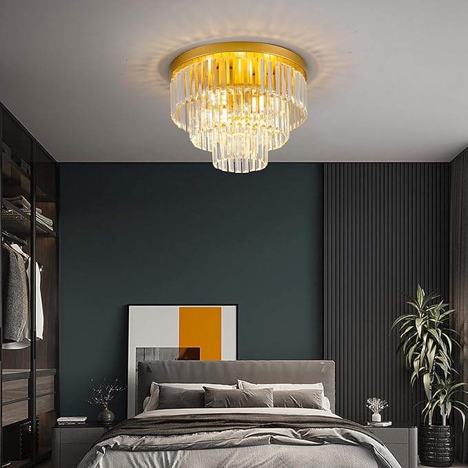 17" Crystal Flush Mount Chandelier 4-Lights Gold Crystal Ceiling Light 3-Tier Luxury K9 Dining Room Light Semi-Flush Ceiling Light for Bedroom Living Room Entryway Kitchen Island Hallway