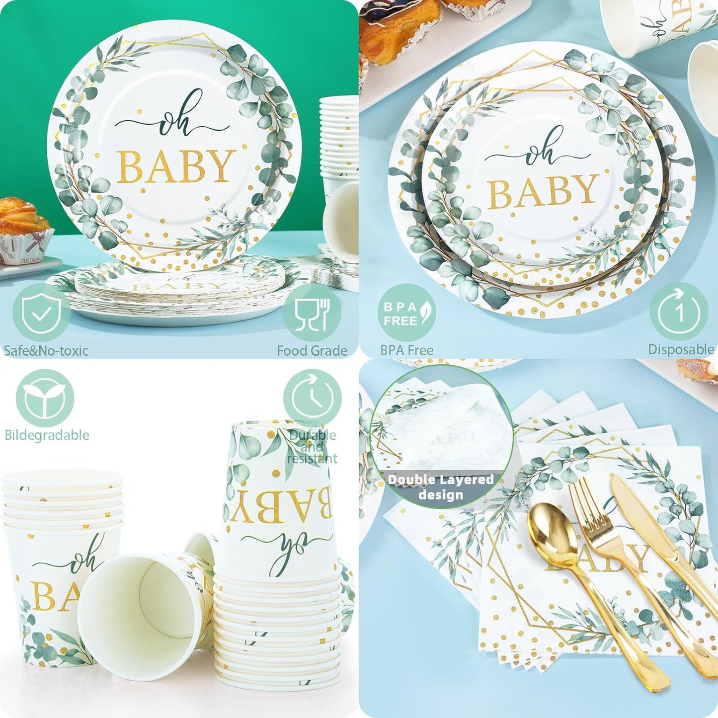 168 PCS Sage Green Baby Shower Decorations Neutral, Baby Shower Plates and Cups and Napkins Sets Serves 24, Oh Baby Plates for Boy, Gender Reveal, Green and Gold Plant Eucalyptus Boho