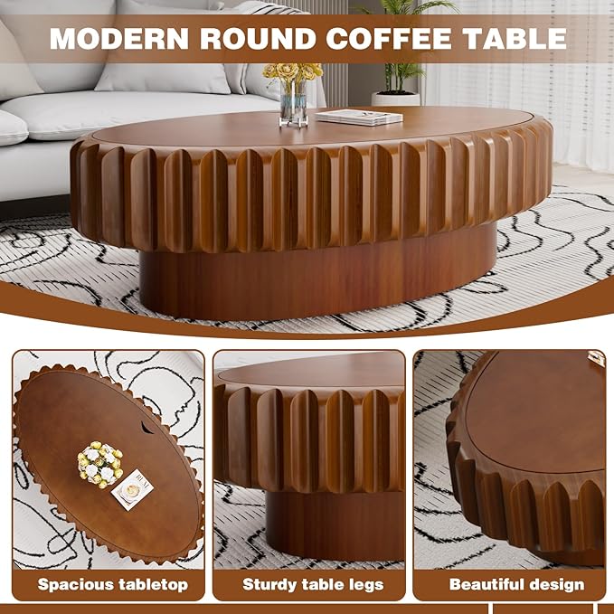 Round Drum Coffee Table White Fluted Coffee Table Circle Center Table Pedestal End Table for Apartment (Oval 43.3in)