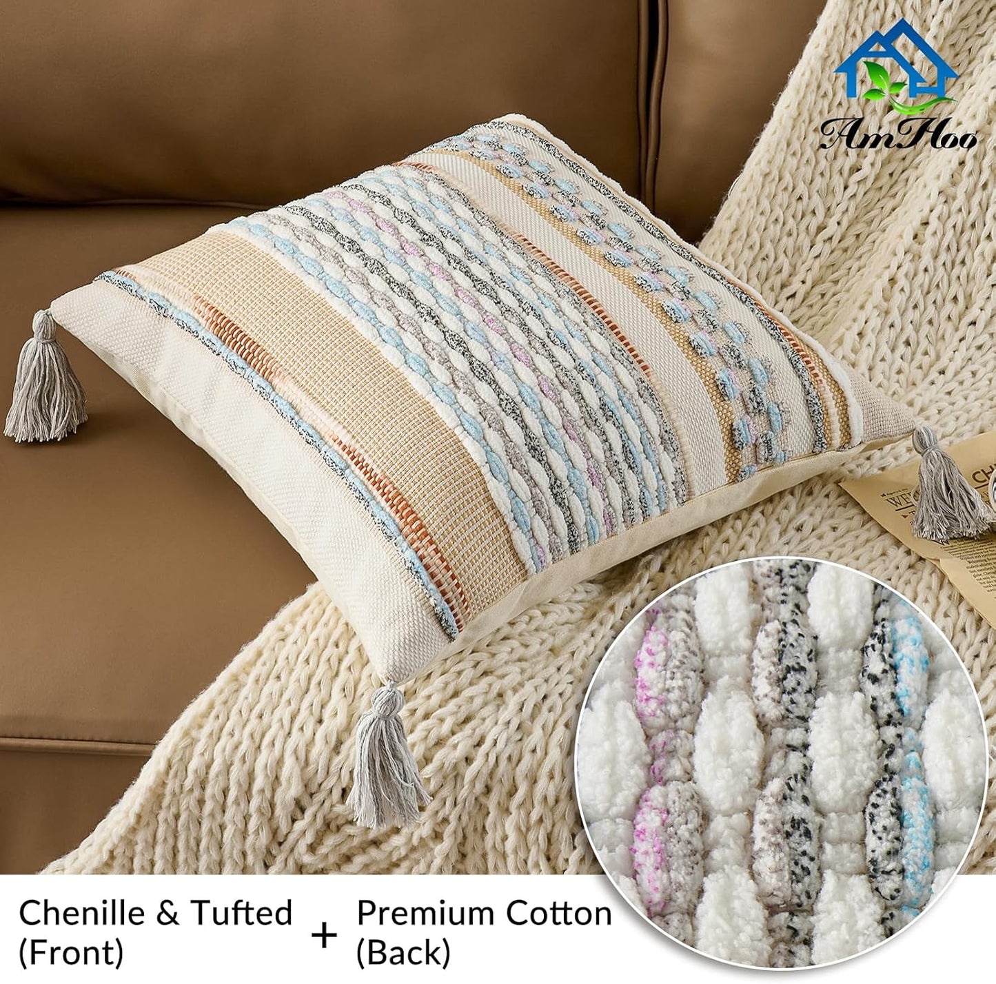 AmHoo Set of 2 Chenille Striped Textured Boho Throw Pillow Covers Aesthetic with Tassels Woven Decorative Pillow Case for Couch Bed Sofa Bedroom Modern Funky 18 x 18-Inch White Multicolor