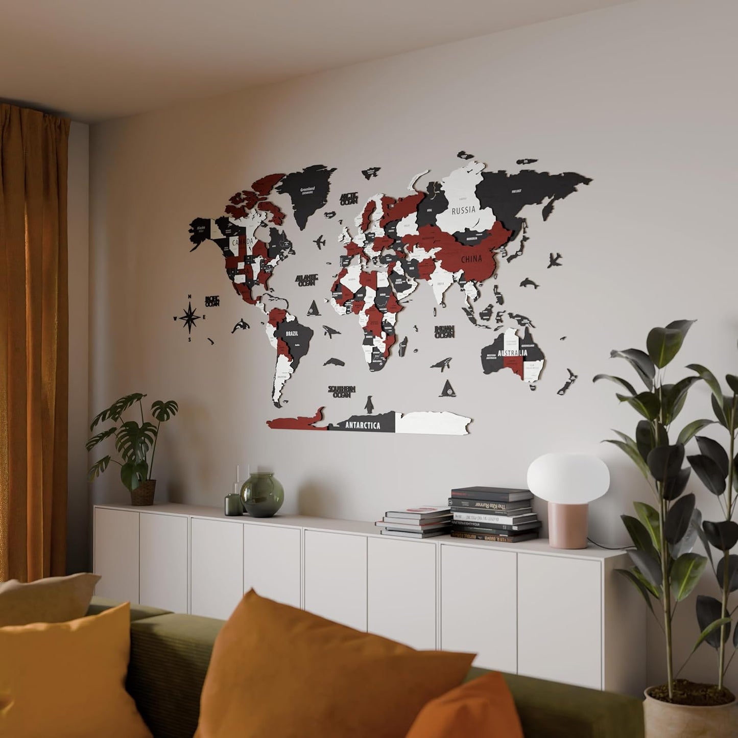 Colorfull Worlds 3D Wooden World Map Wall Art | Unique Wall Decor with Pins for Travel Enthusiasts | Home and Office Wall Décor | Burgundy | XXLarge