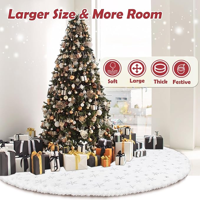 Christmas Tree Skirt 72 Inch, Silver Snowflake White Christmas Tree Decorations Indoor Sequin Tree Collar Faux Fur Plush Rug Xmas Large Mat Decor Ornaments for 7.5ft-13ft Tree