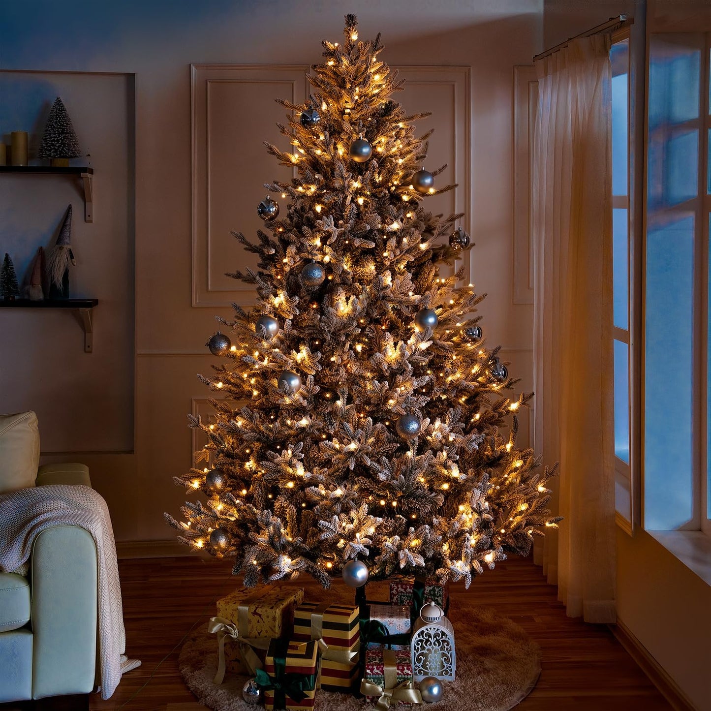 Naomi Home Ginebra 6.5ft Snow Flocked Christmas Tree Prelit with 2456 Branch Tips, 450 Warm Lights and Metal Stand, 52" Wide Realistic Snowy Frosted Christmas Tree with Lights