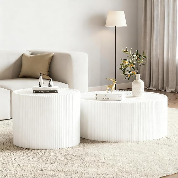 Round Living Room Table Set, 29.52" White Drum Center Table and 17.71" White Coffee Table Set, 2 Pieces Coffee Table Set with Sintered Stone Tabletop, Fluted PU Leather Covered and StableBase