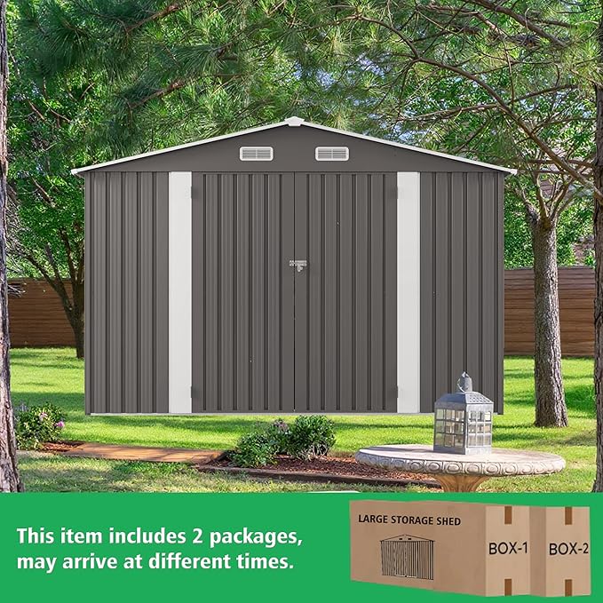 10x12 FT Outdoor Storage Shed, Large Metal Garden Shed with 2 Windows, Outside Tool Sheds with Lockable Hinged Doors, Waterproof Storage Building with 4 Air Vents for Backyard, Patio, Lawn, Gray