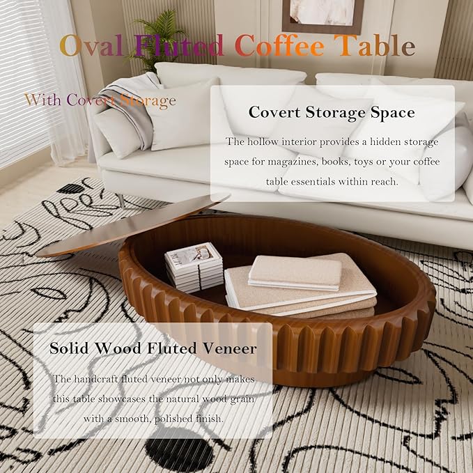 43.3" Oval Drum Coffee Table with Storage Retro Rustic Center Tables - Solid Wood Handcrafted Relief Veneer for Farmhouse Apartment (C Oval 43.3in)