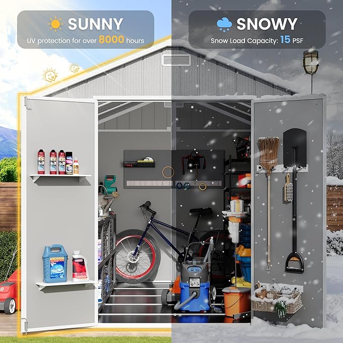 Amopatio Outdoor Storage Shed with Floor, 8x10 FT Lockable Plastic Tool Shed with Ventilation, Waterproof Resin Garden Sheds for Backyard, Patio, Lawn and Bike Bedge